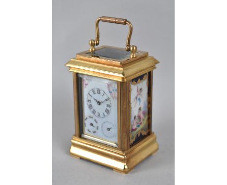 A Reproduction Sevres Style Ormolu and Porcelain Miniature Carriage Clock with Subsidiary Dials for Day and Date, Porcelain P