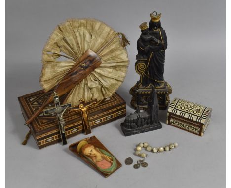 A Collection of Various Items to comprise Late 19th/Early 20th Century Souvenir Sorrento Fan/Mirror, Inlaid Boxes, Religious 