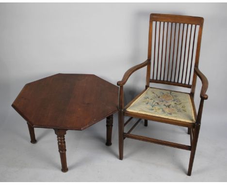 An Edwardian Inlaid Mahogany Armchair with Tapestry Pad Seat Together with a Mahogany Octagonal Coffee Table with Turned Supp