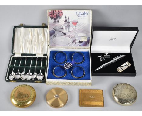 A Collection of Various Silver Plate Sets to Include Coffee Spoons, Cufflinks, Money Clip and Pen and Four Napkin Rings Toget