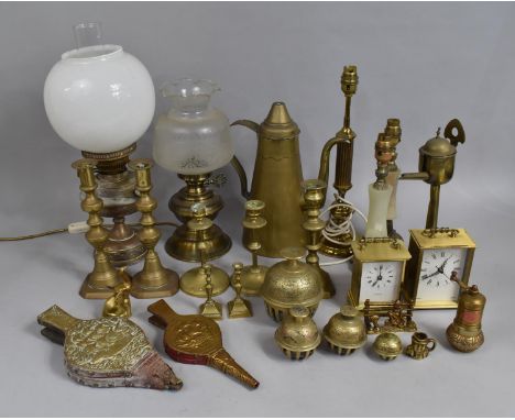 A Collection of Various Brass Items to comprise Oil Lamp Complete with Chimney and Shade, Table Lamps Etc (Some Condition Iss