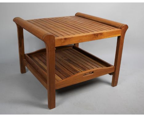 An Australia Plantation Teak Two Tier Stand with Sliding Tray Stretcher Shelf, 63cm wide 