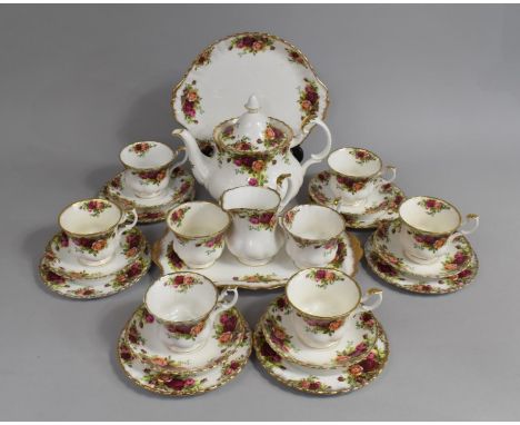 A Royal Albert Old Country Roses to comprise Teapot, Eight Cups, Six Saucers and Side Plates, Cake Plate Tray and a Jug (Cond