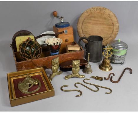 A Collection of Various Vintage Items to comprise Wooden Two Section Tray, Green Glass Buoy, Vintage Grinder and Kitchenalia,