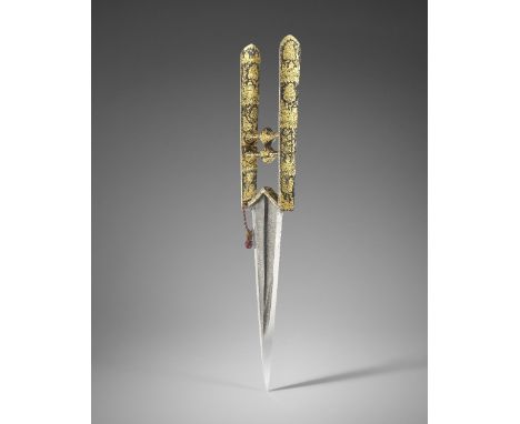 A fine gold-inlaid watered-steel push dagger (katar) India, 17th/ 18th Centurythe double-edged watered-steel blade with armou