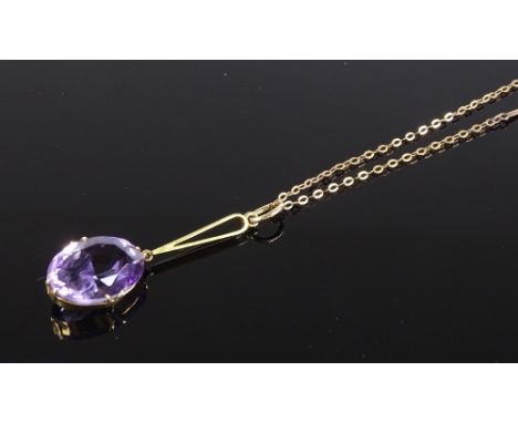 A 9ct gold amethyst drop pendant, on 9ct gold chain, chain length 440mm, 3.4g 