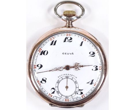 A Continental silver-cased open-face Ceuva pocket watch, 15 jewel movement with subsidiary seconds dial and engine turned cas