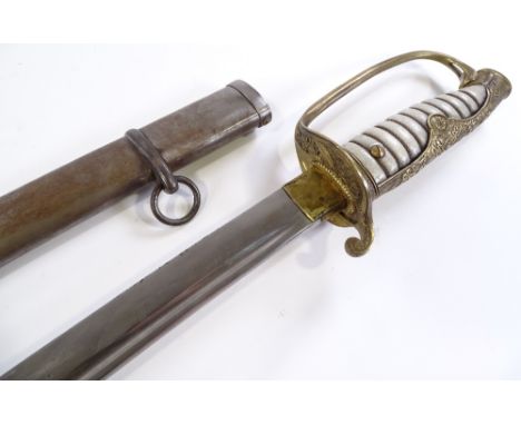 A Japanese Army Officer's sword, relief cast brass hilt with leather grips, original nickel plate scabbard 