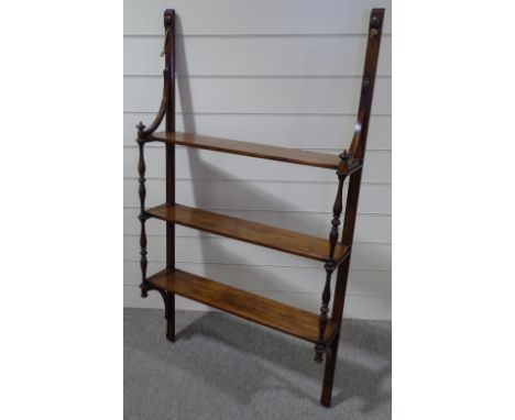 A 19th century mahogany wall hanging 3-tier open display shelf, with spindled columns, width 3' 7", height 6' 4" 