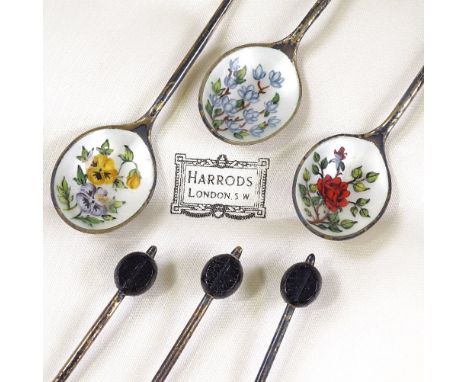 A cased set of 6 silver and floral enamel coffee bean end spoons, by Cohen &amp; Charles, hallmarks Birmingham 1965, length 1