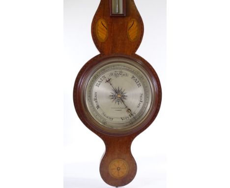 An Edwardian mahogany and marquetry inlaid aneroid wall barometer, with silvered dial, signed Kelvin &amp; James White of Gla