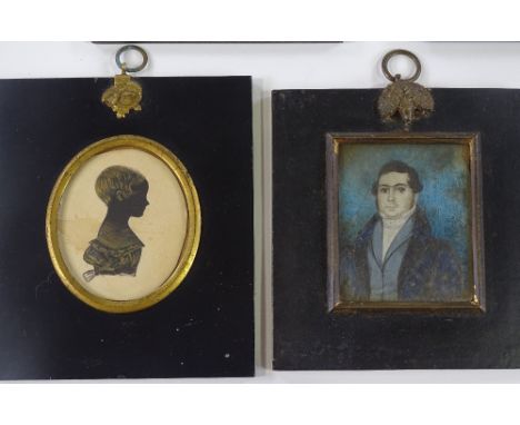 A group of 4 painted silhouettes depicting members of the Burningham family, circa 1800, together with a watercolour portrait