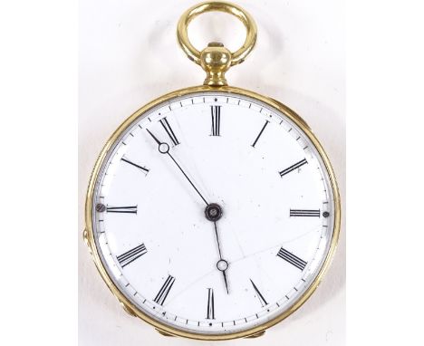 A Swiss unmarked gold open-face key-wind fob watch, with engine turned case and white enamel dial, case no. 9308, case width 