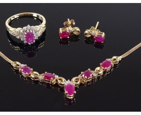 A 9ct gold ruby and diamond necklace, earring and ring set (3) 