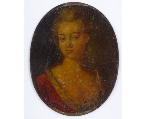 An 18th century miniature oil on copper, head and shoulders portrait of a lady, unsigned, height 7.8cm 