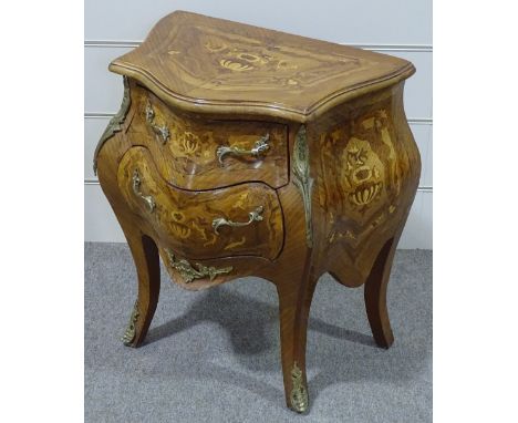 A small French reproduction walnut and marquetry inlaid 2-drawer commode, with ormolu mouldings and mounts, width 2' 