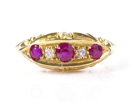 A Victorian 18ct gold 5-stone ruby and diamond dress ring, hallmarks Birmingham 1863, setting height 6.9mm, size N, 2.8g 