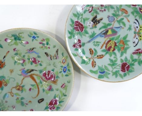 A pair of Chinese celadon porcelain dishes, with painted enamel birds and butterflies, diameter 26cm 