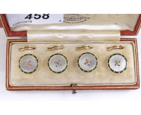 A cased set of Goldsmiths &amp; Silversmiths 15ct gold green enamel and mother-of-pearl button dress studs, stud diameter 14.