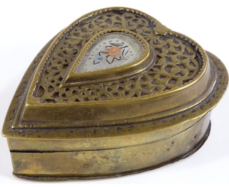 A Persian brass heart-shaped travelling double inkwell, probably 19th century, length 11cm 