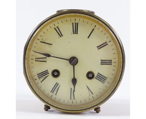 A 19th century brass drum-cased mantel clock, with 8-day striking movement and enamel dial, case diameter 11cm 