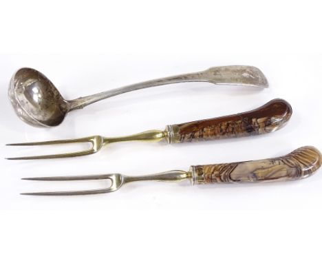 A Scottish silver toddy ladle, by John Graham, hallmarks Edinburgh 1813, together with 2 agate-handled pickle forks (3) 