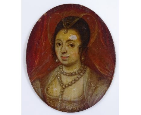 An 18th century miniature oil on copper, head and shoulders portrait of a woman, unsigned 