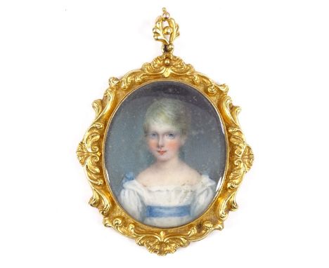 A 19th century unmarked gold pendant, with inset watercolour portrait of a girl, in scrolled foliate surround, height excludi