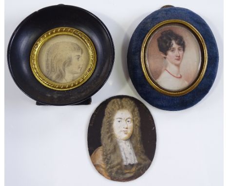 A miniature watercolour portrait of a gentleman, inscribed Robert Lovett 1691, height 5.5cm, a miniature watercolour portrait