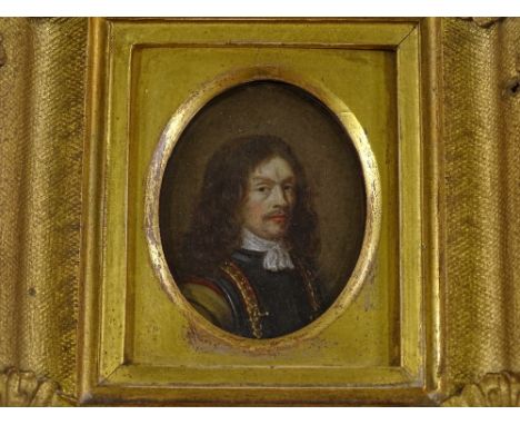 A 17th /18th century miniature oil painting on copper, head and shoulders portrait of a gentleman, unsigned, 6cm x 5cm, gilt-