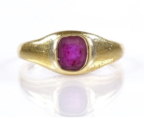 A Victorian unmarked gold ruby signet ring, setting height 7mm, size J, 2.7g 