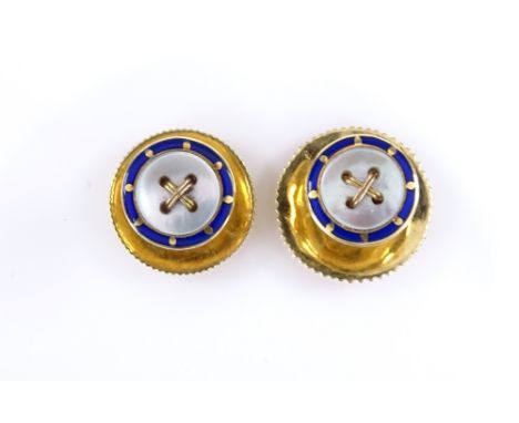 A pair of Goldsmiths &amp; Silversmiths 18ct gold blue enamel and mother-of-pearl button dress studs, front diameter 7.8mm, 2