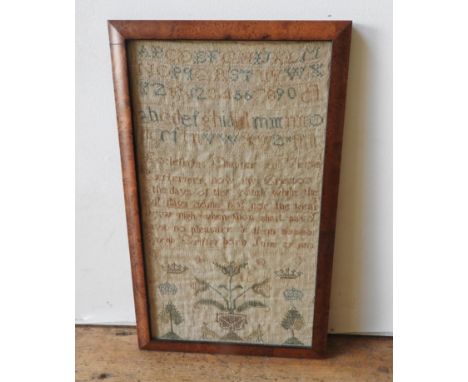 19TH CENTURY NEEDLEWORK SAMPLER POSSIBLY AMERICAN neatly embroidered with alphabet and numeral rows, a religious verse and in