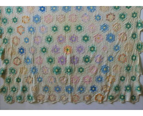 AN AMERICAN VINTAGE NEEDLEWORK BED SPREAD 'GRANDMOTHER'S FLOWER GARDEN' PATTERN, originating from the Catskills region, datin