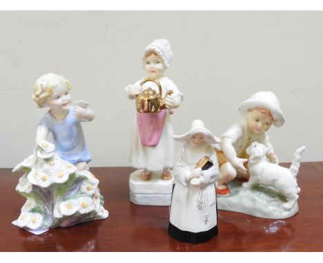 THREE ROYAL WORCESTER FIGURES OF CHILDREN AND NUN CANDLE SNUFFER, 'May', 'Polly put the kettle on' and 'Snowy', 16cm high and