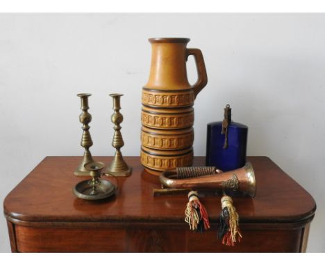 A COPPER REGIMENTAL BUGLE, A PAIR OF BRASS CANDLESTICKS, BRASS CHAMBER STICK, ENAMEL WATER CANTEEN AND WEST GERMAN JUG, the W