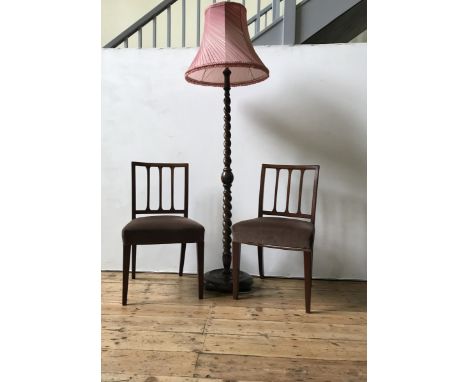 AN OAK BARLEY TWIST STANDARD LAMP AND A PAIR OF VICTORIAN MAHOGANY BEDROOM CHAIRS, the chairs 86 x 46cms 