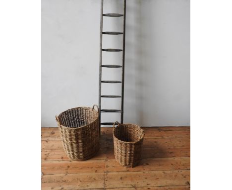 TWO WICKER APPLE HARVEST BASKETS AND VINTAGE 12-TREAD ORCHARD LADDER, 262cm high 