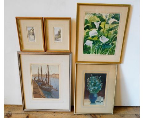 HARBOUR SCENE PRINT, LITHOGRAPH OF LILLIES AND THREE OTHER PICTURES 