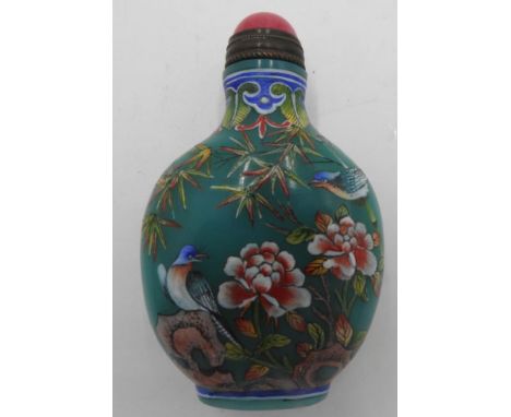FINE CHINESE FAMILLE ROSE ENAMEL DECORATED GLASS SNUFF BOTTLE&nbsp; 20TH CENTURY with an apocryphal Qianlong four character m