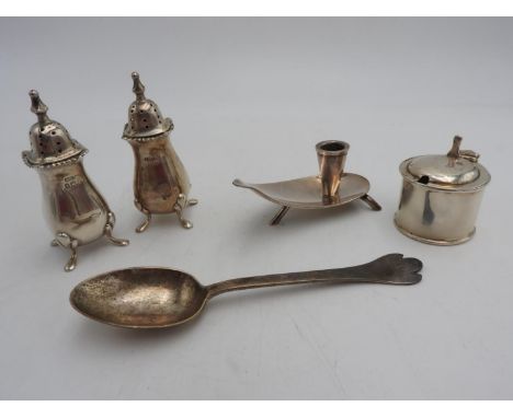 TWO HALLMARK SILVER CONDIMENTS, SILVER SALT, SILVER TEA SPOON AND PLATED DANISH CANDLESTICK, 3.5oz (exc.candlestick) 