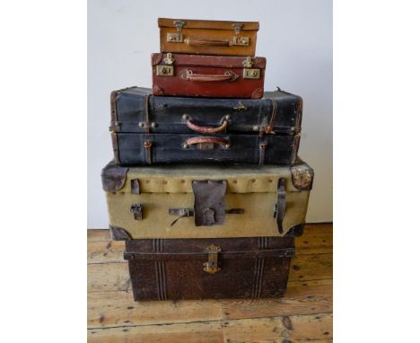 CANVAS COVERED TRAVEL TRUNK, SUITCASES AND VINTAGE TIN TRUNK (4) 