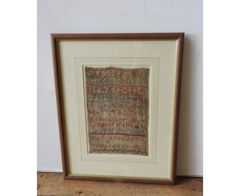 GEORGE IV NEEDLEWORK SAMPLER DATED 1826 neatly worked in wool on linen with alphabet, numerals and inscribed 'Margaret Pevere