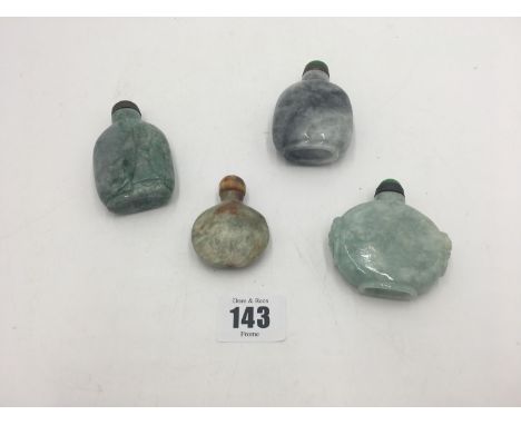 FOUR CHINESE JADE AND HARDSTONE SNUFF BOTTLES 20TH CENTURY largest, 7cm high, smallest, 5cm high  Property of a lady 