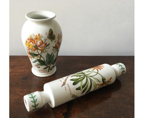 PORTMEIRION VASE AND ROLLING PIN decorated and inscribed with Honeysuckle and African Daisy, with a commemorative Marks &amp;