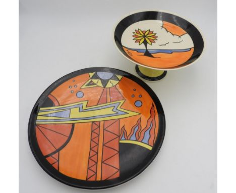 A SIGNED LORNA BAILEY GEOMETRIC CHARGER AND BEACH SCENE CAKE STAND, the charger stamped Carltonware and numbered 51/100, 34cm