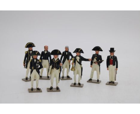 A BOXED SET OF EIGHT 1805 ERA ROYAL NAVY OFFICER MODELS INCLUDING LORD NELSON, 1/30 scale, hand painted by Tradition 