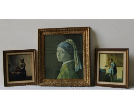 AFTER VERMEER PRINT OF THE GIRL WITH THE PEARL EARRING AND TWO OTHER VERMEER PRINTS, all three with Frost &amp; Reed labels, 