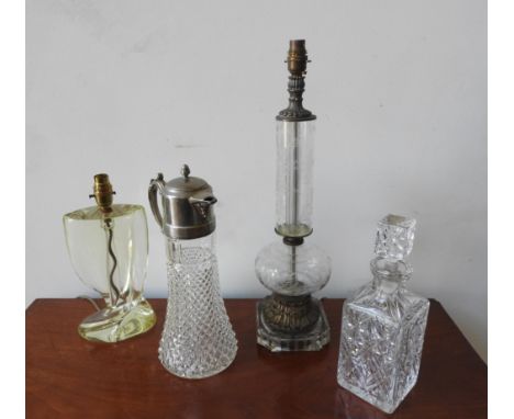 A VINTAGE ETCHED GLASS TABLE LAMP, CONTEMPORARY GLASS TABLE LAMP, CLARET JUG AND DECANTER, the vintage glass lamp etched with