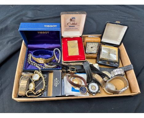 Tray of vintage watches gents and ladies to include travelling alarm clocks and boxed calibri lighter, all untested